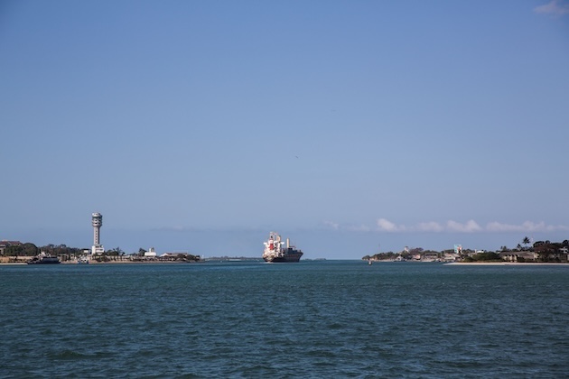 A cargo ship enters the Port of Dar es Salaam, one of East Africa’s busiest maritime gateways. As shipping traffic increases, scientists and regulators are raising concerns over biofouling — the buildup of marine organisms on ship hulls that can transport invasive species across oceans. Credit: Kizito Makoye/IPS