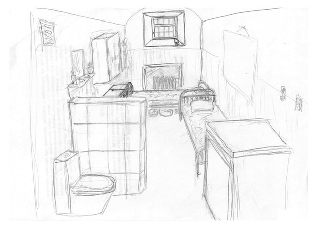 An illustration by Serhiy Ofitserov, a Ukrainian civilian currently held in Russian captivity. Serhiy began drawing while in prison; here is a view of his prison cell. Courtesy: Hennadiy Ofitserov