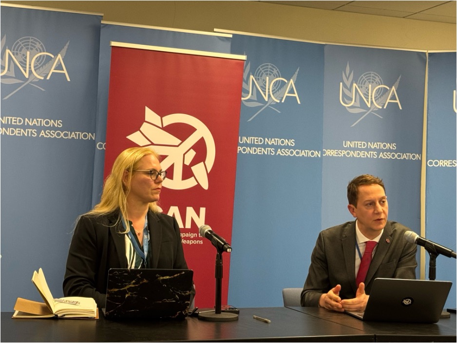 Susi Synder (left), ICAN Director of Programmes, and Seth Sheldon (right), ICAN’s UN Liaison, at a press briefing held on the final day of the NPT 2026 Review Conference. Credit: Naureen Hossain/IPS