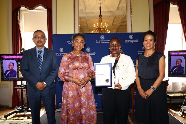 Commonwealth Deputy Secretary-General (Programmes), Tanmaya Lal,Commonwealth Secretary-General, Shirley Botchwey, and Commonwealth Deputy Secretary-General (Corporate), Tania Baumann, pose with the 2026 Commonwealth Young Person of the Year and Africa Regional Winner, Shifra Ainomugisha, at the Commonwealth Youth Awards ceremony in London. Credit: Commonwealth Secretariat 