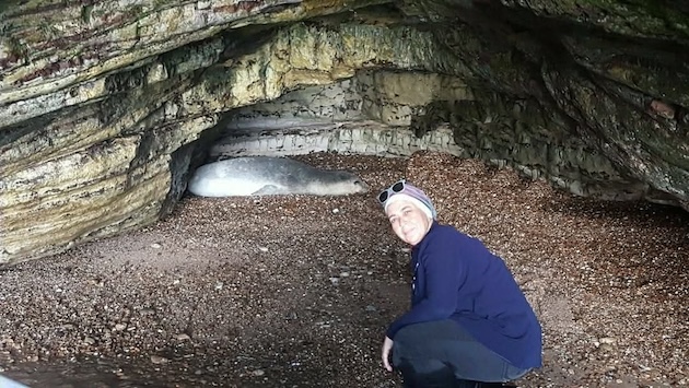 Iffat Rachid Edriss leads environment campaigns in Lebanon. Here she is at Raouche, Beirut, the only monk seal cave in Lebanon where Operation Big Blue Association was called in on a seal rescue mission. Credit: Iffat Rachid Edriss