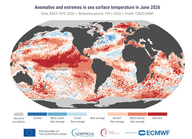 Globally, the monthly average sea-surface temperature for the extra-polar ocean (60°S–60°N) was the highest for June, exceeding the previous record set in June 2024 by just 0.01ºC. This partly reflected the development of strong El Niño conditions in the equatorial Pacific, according to the Copernicus Climate Change Service. Credit: ECMWF/Copernicus Climate Change Service