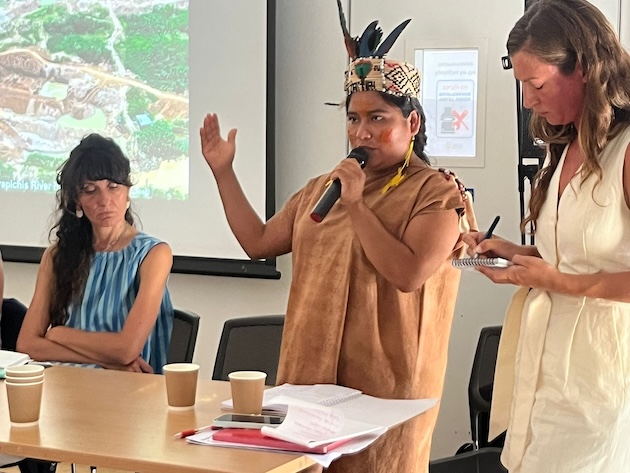 An Indigenous community leader, Jackeline Mendoza Díaz, addresses participants during the webinar “Gold’s Dark Web: The Hidden Price of a Booming Market” on June 25, speaking about the devastating impacts of illegal and poorly regulated gold mining on Indigenous lands, forests and local communities. The webinar brought together community leaders, investigators, civil society organisations, financial experts and policymakers to discuss how soaring gold prices are accelerating environmental destruction, organised crime and human rights abuses. Credit: FERN