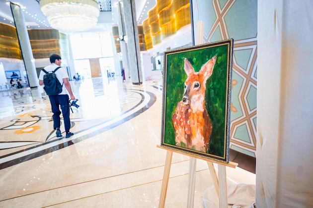 A child's painting of a fawn at the Conference Centre of Samarkand, where the Eighth GEF Assembly was held last month. The Bukhara deer, a species once pushed to the edge of survival by habitat loss and poaching, are now protected and introduced to the Zarafshan National Nature Park. Credit: ISD/ENB | Danny Skilton