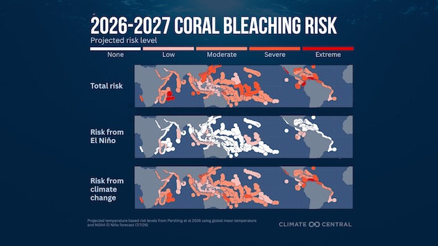2026-2027 projected bleaching risk map. A report published in Oceanography argues that nearly every global coral bleaching event over the past 40 years would not have occurredwithout human-caused climate change. Credit: Oceanography