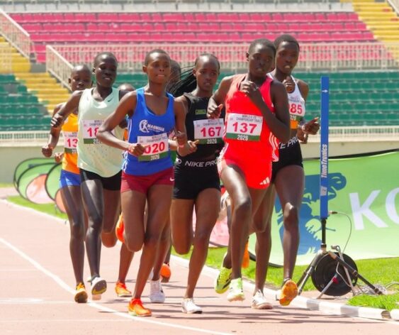 Josephine Sembeyo (in blue) competes during Kenya's World Athletics Under-20 trials in May, where she qualified for the World Athletics Under-20 Championships in Oregon. Credit: Robert Kibet/IPS