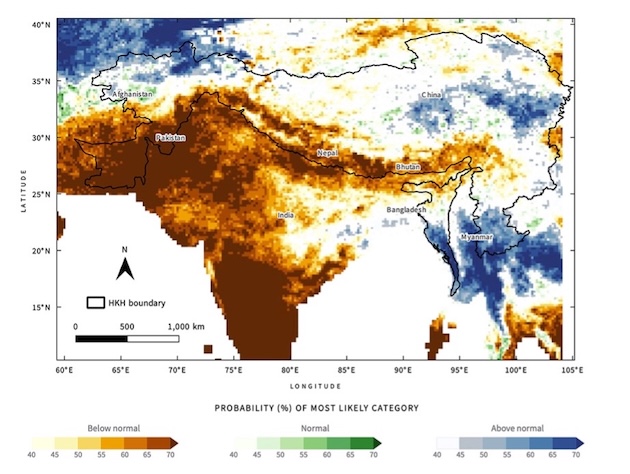 The map shows the seasonal mean anomaly for the 2026 monsoon in the HKH region. Source: HKH Monsoon Outlook 2026.
