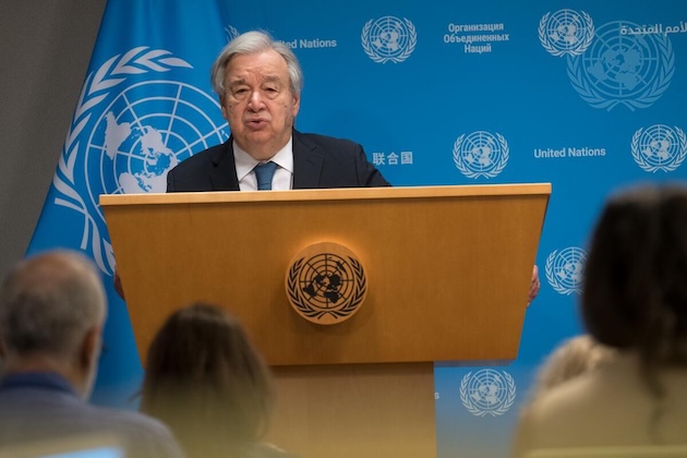 UN Secretary-General António Guterres at the launch of the preliminary report from the UN Independent Panel on AI. Credit: UN Photo/Mark Garten