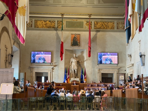 The Global Nobel Laureates Assembly on Artificial Intelligence and Nuclear War brought together more than 200 of the world’s most authoritative figures on peace and artificial intelligence. Here the 'The Rome Declaration for a Disarmed and Disarming Peace' was signed in the main council chamber in Rome's city hall Campidoglio. Credit: Katsuhiro Asagiri/INPS Japan