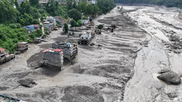 Views of settlements in the Rasuwa district in north-central Nepal covered in mud following the devastating flash floods that swept through the area on Aug. 26, 2026, causing widespread destruction to homes, roads and other infrastructure. CREDIT: UNICEF/UN0914644/ Skanda Gautam