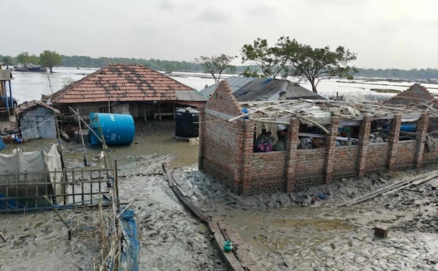This house in Anuliya village in Asashuni upazila (sub-district)of the Satkhira district, Bangladesh, was swept away by the pressure of the tidal water in April 2025 before there was a cyclone warning system. Credit: Rafiqul Islam Montu/IPS
