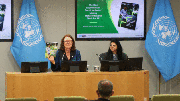 UN DESA Assistant Secretary-General Bjørg Sandkjær (right) and Rashmi Banga, Chief of the Development Research Branch, brief journalists at UN Headquarters on the launch of the 2026 World Social Report, emphasizing the need for social inclusion as economic, digital, and climate transformations widen existing divides. Credit: UN DESA / P. Vasic