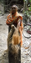 Jahanara combs the tangles in the jute fibre, preparing to twist it into rope. Credit: Manipadma Jena/IPS Jahanara combs the tangles in the jute fibre, preparing to twist it into rope. Credit: Manipadma Jena/IPS
