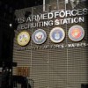 A police officer guards the military recruiting center in New York