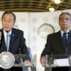 Secretary-General Ban Ki-moon (left) holds a press conference with Amr Moussa (right), Secretary General of the League of Arab States, in Cairo. Credit: UN Photo/Eskinder Debebe