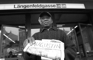 Isaac Nwankwere, who escaped from Nigeria, sells the Augustin street paper in Austria. Credit: Mario Lang/Augustin Isaac Nwankwere, who escaped from Nigeria, sells the Augustin street paper in Austria. Credit: Mario Lang/Augustin