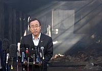 Secretary-General Ban Ki-moon addresses a press conference in front of the damaged warehouse building of the headquarters of the UNRWA in Gaza on Jan. 20, 2009. Credit: UN Photo/Eskinder Debebe Secretary-General Ban Ki-moon addresses a press conference in front of the damaged warehouse building of the headquarters of the UNRWA in Gaza on Jan. 20, 2009. Credit: UN Photo/Eskinder Debebe