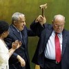 Miguel d'Escoto Brockmann (right)hands over the gavel to Ali Abdussalam Treki, President of the 64th session of the General Assembly.  Credit: UN Photo/Evan Schneider 