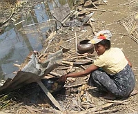 Cyclone survivor cooking a meal for her family close to a carcass-ridden ditch. Credit: Mizzima News