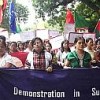 Burmese refugee women in ethnic Chin, Kachin, Arakan and Karen costumes demonstrate in New Delhi Credit: Mizzima