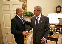 President George W. Bush greets Israeli Prime Minister Ehud Olmert in the Oval Office Tuesday, June 18, 2007. Credit: White House photo by Eric Draper President George W. Bush greets Israeli Prime Minister Ehud Olmert in the Oval Office Tuesday, June 18, 2007. Credit: White House photo by Eric Draper