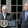 President George W. Bush stands with Judge Michael Mukasey after announcing his nomination Monday, Sep. 17, 2007 Credit: White House photo by Chris Greenberg 