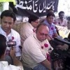 Faisal Aziz (Association of TV Journalists) and Shamimur Rehman (Karachi Union of Journalists) at a sit-in protest. Credit: Beena Sarwar/IPS