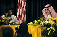 Saudi Foreign Minister Saud Al-Faisal and U.S. Secretary of State Condoleezza Rice in Jeddah, Saudi Arabia, Aug. 1, 2007. Credit: Defense Dept. photo by Cherie A. Thurlby Saudi Foreign Minister Saud Al-Faisal and U.S. Secretary of State Condoleezza Rice in Jeddah, Saudi Arabia, Aug. 1, 2007. Credit: Defense Dept. photo by Cherie A. Thurlby